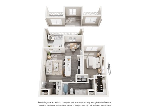 A 3D floor plan of a house with a kitchen, living room, and bathroom.